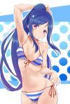  1girl arms_up bikini blue_hair breasts commentary_request cowboy_shot front-tie_top highres long_hair looking_at_viewer love_live! love_live!_sunshine!! matsuura_kanan medium_breasts nakami_cheese polka_dot polka_dot_background ponytail purple_eyes purple_hair side-tie_bikini sidelocks smile solo striped striped_bikini swimsuit two-tone_background 
