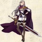  aurelia_le_guin boots braid breasts cape concept_art cross-laced_footwear eiyuu_densetsu gloves greatsword grey_hair hand_on_hip high_heel_boots high_heels holding holding_weapon lace-up_boots long_hair medium_breasts official_art purple_eyes reverse_grip sen_no_kiseki sen_no_kiseki_2 serious side_braid skirt sword thigh_boots thighhighs weapon 