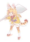  1girl :3 adapted_costume animal_ear_fluff animal_ears blonde_hair commentary_request extra_ears eyebrows_visible_through_hair hair_ornament hairclip kemono_friends lucky_beast_(kemono_friends) mitsumoto_jouji multicolored_hair open_mouth plaid print_legwear serval_(kemono_friends) serval_ears serval_print serval_tail short_hair solo tagme tail thighhighs yellow_eyes 