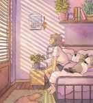  1girl barefoot bed bird blinds book brown_hair calendar_(object) cellphone clock drawer eyes_closed heikala highres medium_hair on_bed original phone pillow plant profile rug shirt short_sleeves shorts sitting sitting_on_bed solo white_shirt window yawning 