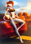  2019 4_toes 5_fingers anthro barefoot canid canine canis car clothed clothing day detailed_background digital_media_(artwork) domestic_dog female ford fur hair husky kammi-lu mammal midriff navel outside red_fur red_hair sky solo toes vehicle 