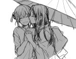  2girls bangs blush cheek_kiss female gintama grin hand_holding japanese_clothes kagura_(gintama) kimono kiss long_hair monochrome multiple_girls shared_umbrella short_hair simple_background sketch smile tokugawa_soyo umbrella under_umbrella urahara white_background yuri 