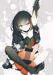  1girl asymmetrical_legwear bang_dream! bangs black_hair black_hoodie black_legwear bob_cut breasts choker cleavage electric_guitar full_body guitar highres holding holding_instrument indian_style instrument kikurage_(07099651) long_sleeves looking_at_viewer medium_breasts mismatched_legwear mitake_ran multicolored_hair orange_legwear paint_splatter parted_lips red_eyes red_hair red_legwear sitting solo streaked_hair 