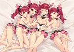  4girls :d arm_hug back bangs bare_legs bare_shoulders barefoot bed_sheet blunt_bangs bonnet breasts clone eyebrows_visible_through_hair eyes_closed foot_up hair_ribbon highres kemurikusa lingerie long_hair looking_at_viewer lying multiple_girls on_back on_side on_stomach open_mouth panties petite pink_ribbon red_eyes red_hair ribbon rina_(kemurikusa) sigm@ small_breasts smile twintails underwear white_panties 