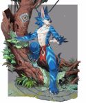  absurd_res athletic blue_fur claws clothing fluffy foliage fur fxuemo hi_res invalid_tag log loincloth long_ears looking_away male moss muscular muscular_male raised_leg red_eyes simple_background solo stone symbol tree unknown_species white_fur wood 