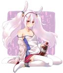  1girl animal_ears azur_lane bangs blush bottle bunny_ears camisole cola commentary_request eyebrows_visible_through_hair full_body fur-trimmed_jacket fur_trim hair_between_eyes hair_ornament hairband highres jacket laffey_(azur_lane) long_hair long_sleeves looking_at_viewer off_shoulder open_clothes open_jacket parted_lips pink_jacket pleated_skirt red_eyes red_hairband red_skirt shoes sitting skirt sleeves_past_wrists soda_bottle solo strap_slip theta_(ponkotsu_works) thighhighs twintails very_long_hair wariza white_camisole white_footwear white_hair white_legwear 