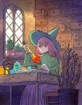  1girl bangs book drawer feet_out_of_frame green_headwear green_sweater grey_eyes hat heikala highres inktober leaf long_hair long_sleeves molten_rock open_book open_drawer original pink_hair plant potted_plant purple_skirt sitting skirt solo sweater window witch witch_hat 