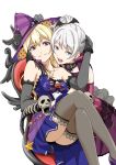  2girls alternate_hairstyle bang_dream! bangs black_gloves black_legwear blonde_hair blue_dress blue_eyes bow bowtie bracelet brooch commentary_request crescent crescent_earrings detached_collar dress earrings elbow_gloves fangs gloves grin halloween hand_on_another&#039;s_head hat highres jack-o&#039;-lantern jewelry karatachi_t legs_crossed long_hair looking_at_viewer multiple_girls open_mouth print_hat purple_dress purple_eyes purple_headwear shirasagi_chisato side_ponytail simple_background single_strap sitting skull smile star star_print striped_hat thighhighs throne v-shaped_eyebrows wakamiya_eve white_background white_hair wing_hair_ornament witch_hat 