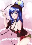  1girl bare_shoulders blue_eyes blue_hair blue_nails breasts cafeier chains choker cleavage cowboy_shot earth_(ornament) eyebrows_visible_through_hair hand_on_thigh hecatia_lapislazuli hecatia_lapislazuli_(earth) highres large_breasts leaning_forward long_hair looking_at_viewer multicolored multicolored_clothes multicolored_panties nail_polish no_pants off-shoulder_shirt off_shoulder open_mouth panties polos_crown shirt solo touhou underwear v 