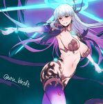  1girl blush breasts earrings elbow_gloves fate/grand_order fate_(series) gloves glowing grin hair_ribbon halo highres jewelry kama_(fate/grand_order) long_hair purple_gloves purple_hair purple_legwear red_eyes revealing_clothes ribbon smile solo thighhighs twitter_username utu_(ldnsft) 