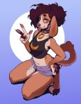  2019 4_toes 5_fingers absurd_res anthro blep breasts canid canine canis churro_(garbonzobear) claws clothed clothing crop_top digital_media_(artwork) digitigrade domestic_dog female floppy_ears hi_res kneeling long_ears mammal midriff navel shirt shorts simple_background solo takiminada toe_claws toes tongue tongue_out v_sign 
