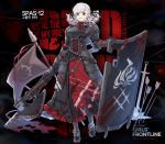  1girl alternate_costume armor armored_dress arrow axe bangs belt black_background black_ribbon blood blood_drip blood_on_face bloody_clothes bloody_weapon braid breastplate breasts character_name corset crazy_eyes eyebrows_visible_through_hair flag full_body girls_frontline gloves gradient_hair greaves grey_hair gun highres holding holding_gun holding_weapon large_breasts long_hair looking_at_viewer multicolored_hair namesake official_art plate_armor polearm pouch red_eyes red_hair ribbon shield shotgun shotgun_shells sidelocks silver_hair smile solo spas-12 spas-12_(girls_frontline) spear sword terras torn_clothes twintails weapon 