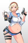  adult badge belt blonde_hair blue_eyes blue_sailor_collar blush butcha-u eroquis female gun hairband headband holding holding_weapon holster legband midriff navel open_mouth parkdaleart pregnant resident_evil resident_evil_2 resident_evil_6 sailor_collar sherry_birkin short_hair short_shorts shorts simple_background solo sweat sweatdrop third-party_edit weapon white_background 