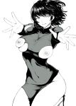  1girl absurdres ao_madoushi bangs black_dress black_hair breasts closed_mouth dress fubuki_(one-punch_man) greyscale high_heels highres large_breasts looking_at_viewer monochrome nipples one-punch_man outstretched_arms seiza short_hair side_slit sitting sweatdrop thighs torn_clothes torn_dress 