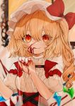  1girl :q bangs blonde_hair blood blood_on_face bloody_hands bow center_frills commentary_request crystal eyebrows_visible_through_hair flandre_scarlet gotoh510 hair_between_eyes hands_up hat hat_bow high-waist_skirt indoors long_hair looking_at_viewer mob_cap one_side_up puffy_short_sleeves puffy_sleeves red_bow red_eyes red_skirt shirt short_sleeves skirt smile solo tongue tongue_out touhou upper_body white_headwear white_shirt wings 