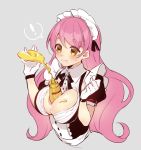  1girl aizono_manami bangs between_breasts blush breasts buttons citron_82 cleavage cleavage_cutout cropped_torso eyebrows_visible_through_hair eyelashes frills gloves grey_background highres large_breasts long_hair maid_headdress mustard mustard_bottle nijisanji pink_hair puffy_short_sleeves puffy_sleeves short_eyebrows short_sleeves simple_background sketch solo squeeze_bottle sweatdrop thick_eyebrows upper_body very_long_hair virtual_youtuber wavy_hair white_gloves 