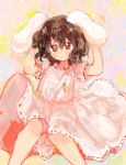  1girl animal_ears arms_up blush bunny_ears bunny_girl carrot_necklace colorful dot_nose drawr dress ears_down feet_out_of_frame frilled_dress frilled_shirt_collar frilled_sleeves frills gnsi hair_between_eyes inaba_tewi long_dress looking_at_viewer parted_lips ribbon-trimmed_dress ribbon-trimmed_sleeves ribbon_trim short_sleeves solo touching_ears touhou wavy_hair 