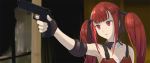  1girl armpits bangs batman_(series) black_gloves collarbone cz-75 cz-75_(girls_frontline) finger_on_trigger fingerless_gloves girls_frontline gloves gun hair_ornament hairclip handgun holding holding_gun holding_weapon long_hair parody pistol red_eyes red_hair solo tab_(tabkun) the_dark_knight_rises twintails very_long_hair weapon 