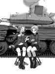  2girls bangs boots bow braid chair crusader_(tank) cup emblem epaulettes folding_chair girls_und_panzer greyscale ground_vehicle hair_bow highres holding holding_cup holding_saucer insignia jacket long_sleeves medium_hair military military_uniform military_vehicle miniskirt monochrome motor_vehicle multiple_girls notice_lines one_eye_closed open_mouth orange_pekoe parted_bangs pleated_skirt rosehip saucer shadow short_hair sitting skirt smile smoke st._gloriana&#039;s_(emblem) st._gloriana&#039;s_military_uniform sweatdrop tank teacup tied_hair twin_braids uniform v-shaped_eyebrows yaruku 