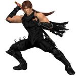  1boy 3d bodysuit brown_hair dead_or_alive gloves green_eyes highres long_hair male_focus muscle ninja_gaiden ponytail ryu_hayabusa scarf simple_background solo standing sword tecmo weapon 