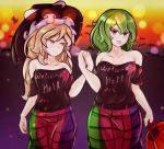  2girls bare_shoulders bat blonde_hair blush braid breasts cafeier collarbone commentary cosplay dress english_commentary eyebrows_visible_through_hair gradient gradient_background green_hair halloween halloween_basket hand_holding hat hecatia_lapislazuli hecatia_lapislazuli_(cosplay) highres kazami_yuuka kirisame_marisa long_hair looking_at_another looking_at_viewer medium_breasts multicolored multicolored_clothes multicolored_dress multiple_girls off-shoulder_shirt off_shoulder open_mouth red_eyes shirt smile standing touhou witch_hat 