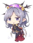  1girl :d commentary_request eyebrows_visible_through_hair floating full_body granblue_fantasy grey_hair hair_ornament hair_stick harvin jitome long_hair looking_at_viewer nio_(granblue_fantasy) nogisaka_kushio open_mouth pointy_ears purple_eyes robe simple_background smile solo white_background wide_sleeves 