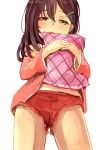  1girl brown_hair commentary_request covering covering_chest dada_(esoragoto) green_eyes hair_ornament hairclip holding long_hair object_hug open_clothes open_mouth open_shirt original pillow pillow_hug pink_pillow pink_shirt red_shorts shirt short_shorts shorts simple_background solo thighs white_background 