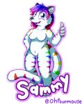  2019 badge blue_eyes domestic_cat english_text felid feline felis female fur hair hi_res invalid_tag looking_at_viewer mammal multicolored_fur multicolored_hair ohfourmouse rainbow_fur sammy solo standing text thumbs_up white_fur 