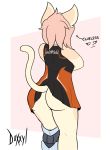  anthro big_butt bottomless butt capri clothed clothing doxxyl dress felid feline fur hair hi_res mammal pink_hair prosthetic prosthetic_leg simple_background slightly_chubby tan_fur thick_thighs voluptuous wardrobe_malfunction 