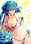  1girl \m/ arm_up armpits bangs bikini blue_hair blush breasts collarbone commentary_request cowboy_shot double_bun gluteal_fold gradient gradient_background gradient_hair green_hair grin hair_between_eyes hair_ornament hairclip halterneck highres large_breasts long_hair multicolored_hair navel opanchu_(hakusen) original side-tie_bikini sidelocks smile solo star star_hair_ornament stomach swimsuit thighs two_side_up water white_background white_bikini yellow_eyes 