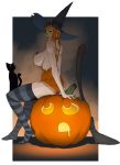  1girl bare_shoulders breasts bug cat full_body halloween huge_breasts looking_at_viewer orange_hair pumpkin red_hair sideboob sitting solo spider stocking thighhighs witch 