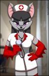  2018 anthro big_ears breasts chiropteran clothed clothing eyelashes female fur gloves grey_fur grey_hair hair lady_malmsteen lipstick makeup mammal nurse nurse_uniform purple_eyes red_gloves shinragod simple_background solo stethoscope tagme uniform verona7881 