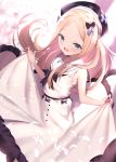  1girl abigail_williams_(fate/grand_order) bangs black_bow blonde_hair blue_bow blue_eyes blush bow curtsey dress fate/grand_order fate_(series) forehead hair_bow highres long_hair looking_at_viewer maosame open_mouth parted_bangs sailor_collar smile solo white_dress 