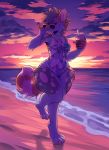  2019 4_toes absurd_res anthro blue_eyes canid canine canis clothing domestic_dog female hi_res mammal outside shore smile solo standing swimsuit takiminada toes water wide_hips 