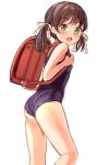  1girl ass backpack bag brown_hair commentary_request dada_(esoragoto) from_side green_eyes kneepits legs long_hair looking_at_viewer looking_back one-piece_swimsuit open_mouth original randoseru ribbon school_swimsuit simple_background smile solo swimsuit thighs twintails white_background 