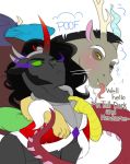  2019 absurd_res clothing discord_(mlp) draconequus duo english_text equid evehly feral friendship_is_magic glowing glowing_eyes hair hi_res horn hug king_sombra_(mlp) male mammal my_little_pony text tongue tongue_out unicorn wings 