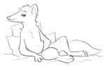  2018 anthro black_and_white elbow_tufts fuel_(artist) half-closed_eyes head_tuft herpestid horizontal_pupils looking_at_viewer male mammal mongoose monochrome neck_tuft nude pillow reclining shoulder_tuft simple_background solo terry_(a-signature) tuft white_background 