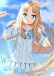  1girl :o artist_name bangs blonde_hair blue_bow blue_dress blue_eyes blue_neckwear blue_sky blurry_foreground bow bowtie cloud collarbone day dress eyebrows_visible_through_hair feathered_wings feathers firo_(tate_no_yuusha_no_nariagari) frilled_dress frills hands_up highres lens_flare long_hair long_sleeves looking_at_viewer open_mouth outdoors parted_bangs pointing pointing_at_self signature sky solo standing syyn_(syyndev) tate_no_yuusha_no_nariagari very_long_hair white_wings wings 