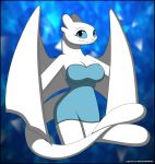  2018 anthro blue_eyes breasts clothed clothing dragon dreamworks female how_to_train_your_dragon light_fury nubless scales scalie simple_background smile solo verona7881 white_body white_scales wings 