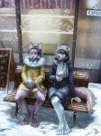  2019 anthro aurru canid canine clothed clothing detailed_background digital_media_(artwork) duo felid feline female hi_res mammal smile snow snowing 