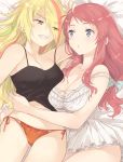  2girls :d arm_up azuki_(aduki) bare_arms bare_shoulders bed_sheet blonde_hair blue_eyes blush breasts character_request cleavage collarbone cowboy_shot dress earrings eyes_visible_through_hair from_above gluteal_fold green_hair grin hair_over_one_eye hug jewelry large_breasts lying medium_breasts multicolored_hair multiple_girls on_back on_side open_mouth orange_hair orange_panties orange_ribbon panties parted_lips pink_eyes red_hair ribbon side-tie_panties sleeveless sleeveless_dress smile strap_slip streaked_hair stud_earrings tank_top teeth underwear v-shaped_eyebrows white_dress yuri zombie_land_saga 