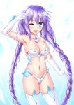 1girl ;d armpits bare_shoulders blue_eyes blush braid breasts cleavage detached_collar elbow_gloves gloves groin hand_on_own_head long_hair looking_at_viewer medium_breasts midriff muwa12 navel neptune_(series) one_eye_closed open_mouth power_symbol purple_hair purple_heart revealing_clothes smile solo symbol-shaped_pupils twin_braids twintails very_long_hair white_gloves 