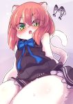  !? 1girl animal_ear_fluff animal_ears arms_behind_back bare_legs bare_thighs black_dress blush brown_hair cat_ears cat_tail dress embarrassed from_below furry green_eyes highres looking_down miku_(yuuki_(yuyuki000)) open_mouth original pink_background short_dress short_hair simple_background sitting sleeveless sleeveless_dress solo tail thighs yuuki_(yuyuki000) 