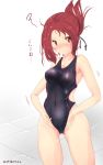  1girl adjusting_clothes adjusting_swimsuit artist_name black_swimsuit blush breasts collarbone commentary_request competition_swimsuit covered_navel cowboy_shot frown hair_tie highres kemurikusa long_hair looking_at_viewer one-piece_swimsuit ponytail red_eyes red_hair rin_(kemurikusa) small_breasts solo squiggle standing swimsuit toyono_kitsune white_background 