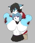  absurd_res anthro areola big_breasts breasts clothed clothing domestic_cat duo felid feline felis female foolish fur hair hi_res huge_breasts hyper hyper_areola hyper_breasts hyper_nipples magic mammal nipples pantherine shirt simple_background skirt smile snow_leopard spots wastedtime 
