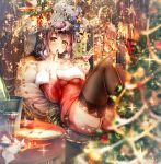  1girl bare_shoulders belt black_legwear blurry blurry_foreground blush breasts brown_eyes brown_hair candle christmas christmas_ornaments christmas_tree cocktail cocktail_glass cup curtains cushion depth_of_field dress drink drinking_glass eating food fork frilled_legwear fruit fur-trimmed_dress garter_straps gold_nails holding holding_cup holding_food holding_fruit indoors itofuya jewelry knees_up lace lace-trimmed_legwear large_breasts long_sleeves looking_at_viewer lying medium_hair nail_polish off-shoulder_dress off_shoulder on_back original plate pom_pom_(clothes) red_dress ring santa_costume santa_dress short_dress short_shorts shorts shorts_under_dress solo sparkle star strawberry table thighhighs thighs twitter_username yellow_nails 