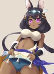  1girl :&lt; animal_ears arm_warmers black_hair blue_panties breasts cat_ears character_request dragalia_lost gluteal_fold hair_ornament headband kuro_(be_ok) large_breasts lifted_by_self looking_at_viewer medium_breasts midriff navel open_mouth panties pelvic_curtain pelvic_curtain_lift pink_eyes short_hair solo tank_top underwear 
