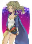  1girl blonde_hair breasts cape capelet cleavage cloak commentary_request earrings final_fantasy final_fantasy_vi graphite_(medium) gurumi_mami jewelry leotard long_hair ponytail solo tina_branford traditional_media 