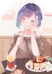  1girl bare_shoulders blue_hair blush bob_cut brown_shirt cake cheesecake chocolate_syrup coffee commentary cup darling_in_the_franxx drink drinking_glass drinking_straw eating eyes_closed foam food fork hair_ornament hairclip hand_on_own_face heart ichigo_(darling_in_the_franxx) light_smile mina_(mina_k_13) off_shoulder pumpkin raised_eyebrows shirt short_hair solo table upper_body 