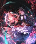  android artist_request black_hair chains cygames dress expressionless eyebrows_visible_through_hair frilled_dress frills gears gem glowing glowing_hand grey_eyes long_hair looking_at_viewer mono_garnet_rebel multicolored multicolored_eyes official_art red_eyes shadowverse slit_pupils torn_clothes wind wind_lift 